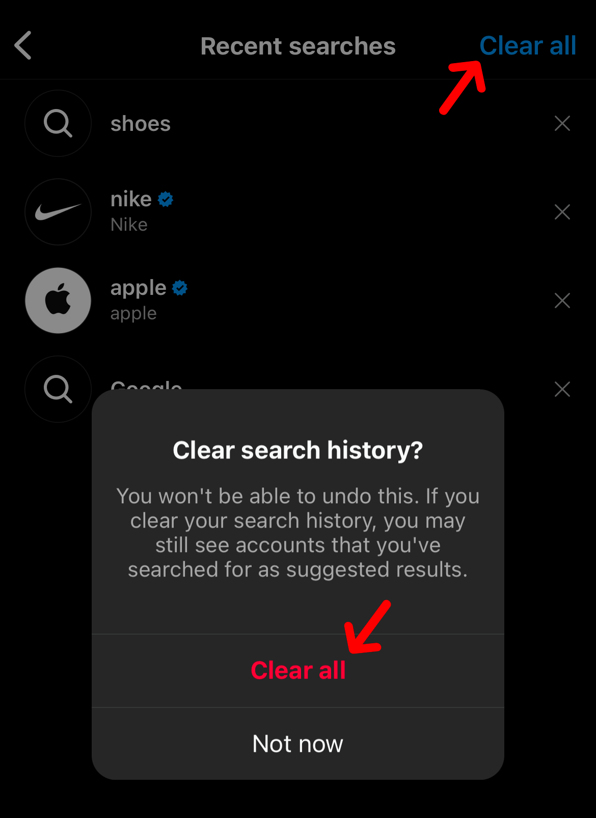 Clear instagram search history